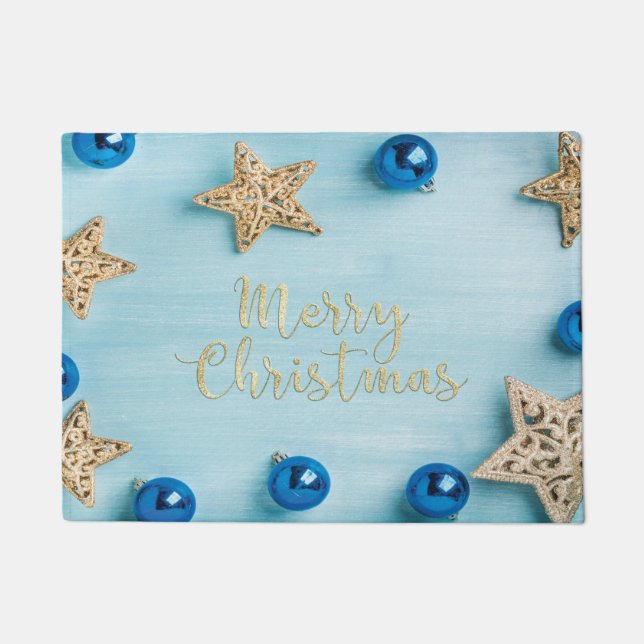 Festive Stars Baubles Merry Christmas Glitter Doormat (Front)