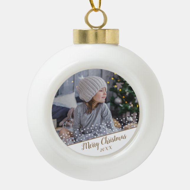 Festive Stars Christmas Holiday Keepsake Photo Ceramic Ball Christmas Ornament (Front)