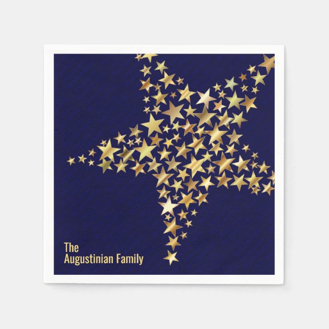 FESTIVE STARS Custom Holiday Blessings BLUE Paper Napkin (Front)