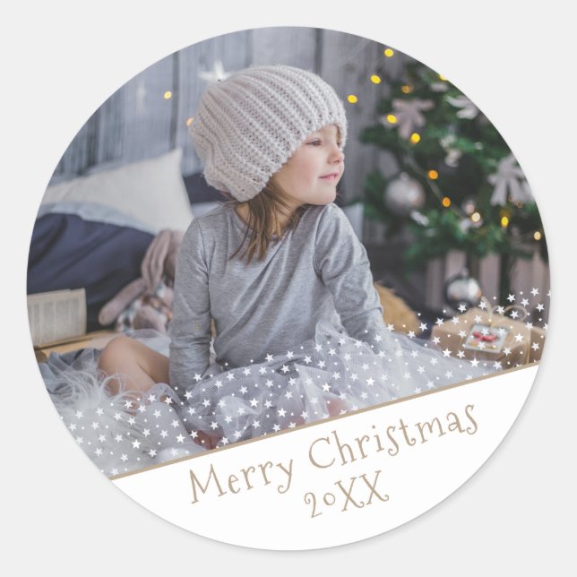 Festive Stars Family Photo Christmas Holiday  Classic Round Sticker (Front)