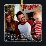 Festive Stars Merry Christmas Photo Holiday Ceramic Ornament<br><div class="desc">This festive ornament features your photo surrounded by sparkling stars. The caption reads Merry Christmas in an elegant script lettering. There is space for your name and the year. Wonderful as an annual holiday keepsake or memento. Beautiful, stylish, whimsical and fun. The design is the same on both the front...</div>