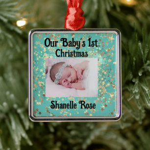 Festive Stars Personalized 1st Baby Photo Metal Tree Decoration