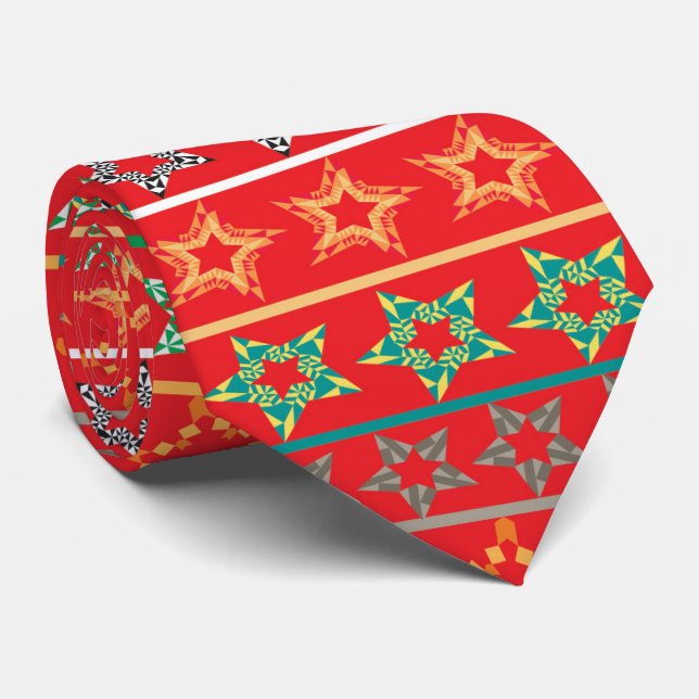 Festive stars red neck tie (Rolled)