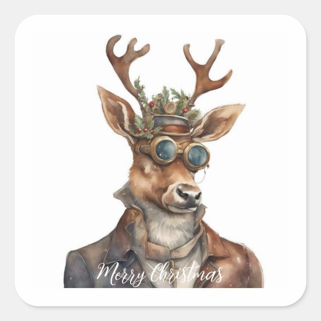 Festive Steampunk Christmas Reindeer Square Sticker (Front)