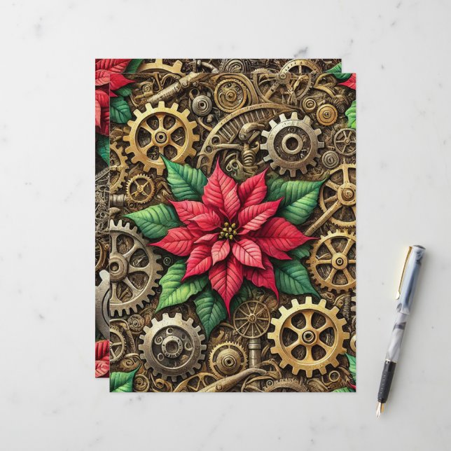 Festive Steampunk Clockwork Gears with Poinsettia (Front/Back In Situ)