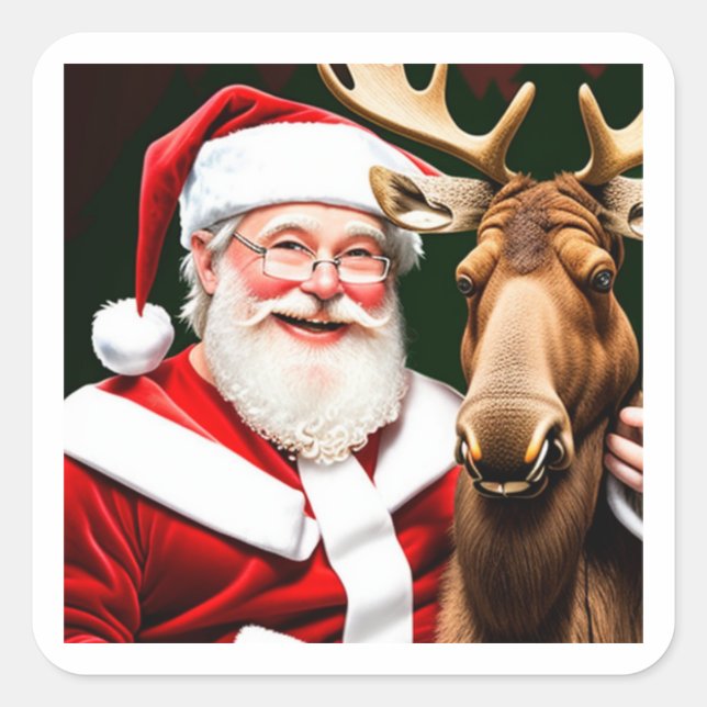 Festive Stickers: Santa Claus and Moose Magic Square Sticker (Front)