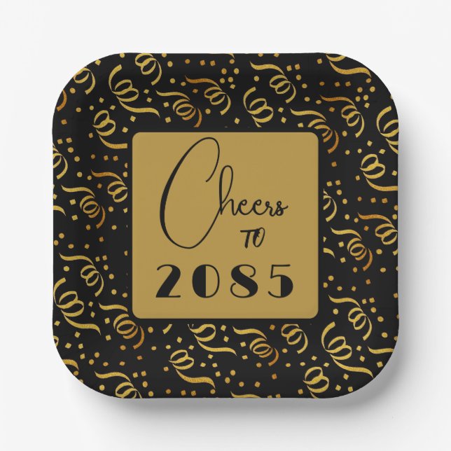Festive Streamers Black n Gold New Years Party Paper Plate (Front)