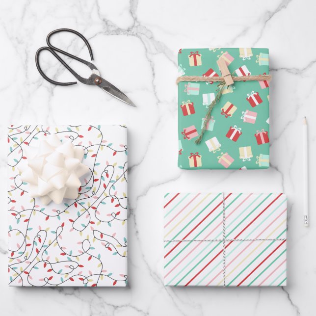 Festive String Lights & Gifts & Stripes Christmas Wrapping Paper Sheet (Front)