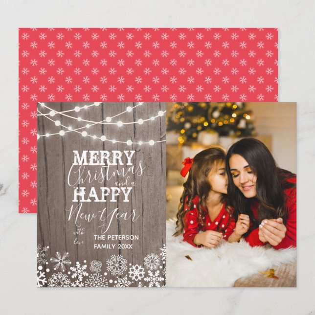 Festive String Lights Snow Photo Christmas  Holiday Card (Front/Back)