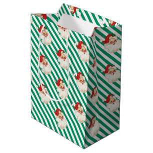 Festive Stripe Green Retro Santa Christmas Medium Gift Bag
