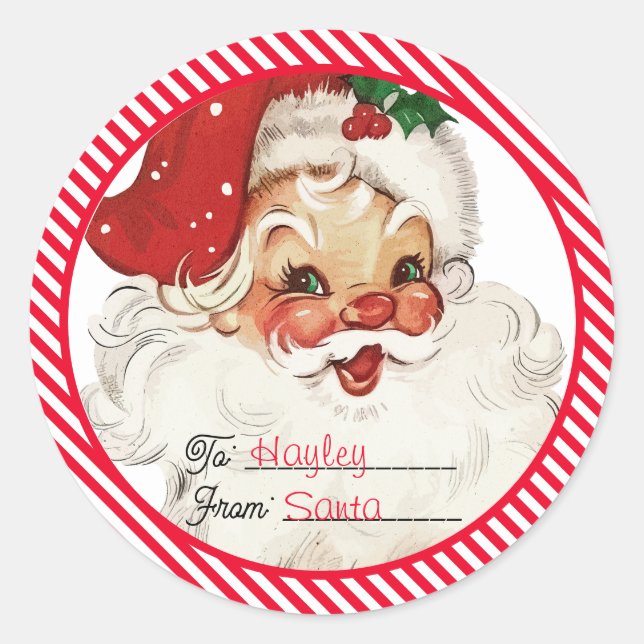 Festive Stripe Red From Santa Gift Classic Round Sticker (Front)