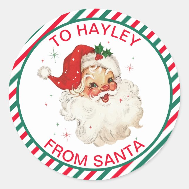 Festive Stripe Red Green From Santa Gift Classic Round Sticker (Front)