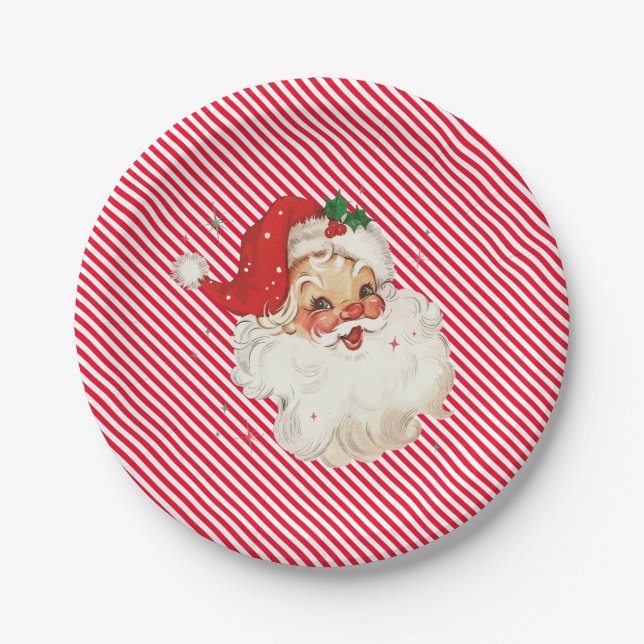 Festive Stripe Red Retro Santa Paper Plate (Front)