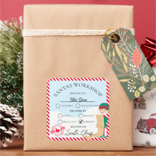 Festive Stripe Red Santa's Workshop Gift Square Sticker