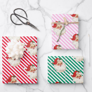 Festive Stripe Retro Santa Christmas Wrapping Paper Sheet