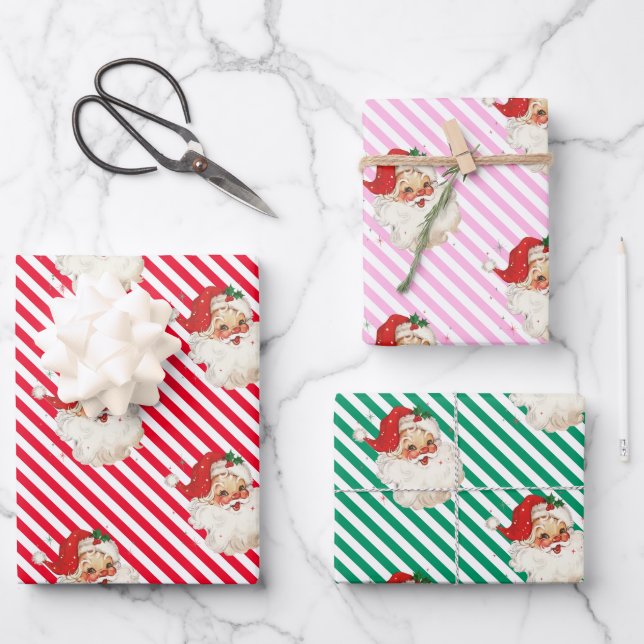 Festive Stripe Retro Santa Christmas Wrapping Paper Sheet (Front)