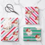 Festive Stripe Retro Santa Christmas Wrapping Paper Sheet<br><div class="desc">This bright festive holiday gift wrapping paper features a bright Christmas stripe design with a retro Santa. The background colour can be customised.</div>