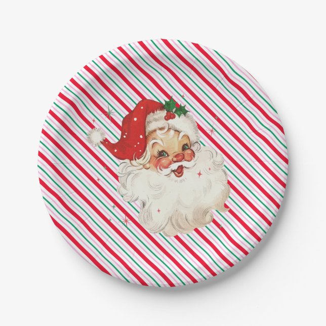 Festive Stripe Retro Santa Paper Plate (Front)