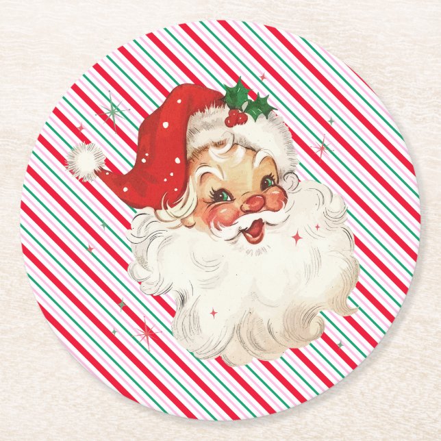 Festive Stripe Retro Santa Round Paper Coaster (Front)