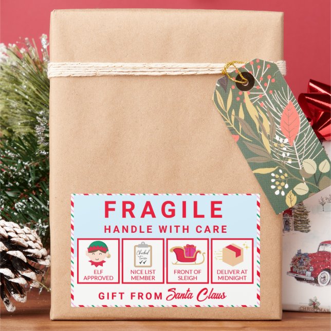 Festive Stripe Santa's Workshop Fragile Rectangular Sticker (Holiday)