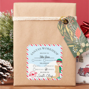 Festive Stripe Santa's Workshop Gift Square Sticker