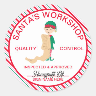Festive Stripe Santa's Workshop Quality Control Classic Round Sticker