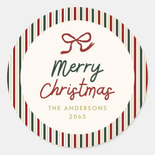 Festive Stripes & Bow Christmas Classic Round Sticker
