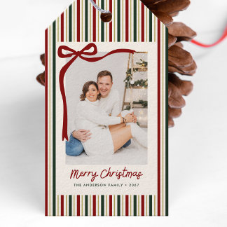 Festive Stripes & Bow Christmas Family Photo Gift Tags