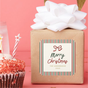 Festive Stripes & Bow Christmas Square Sticker