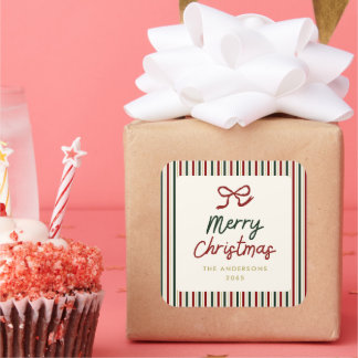Festive Stripes & Bow Christmas Square Sticker
