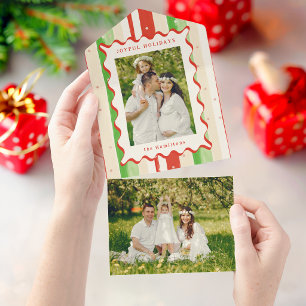 Festive Stripes & Wavy Border Christmas Photo All In One Invitation
