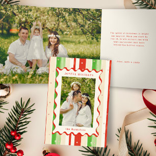 Festive Stripes & Wavy Border Christmas Photo Tri-Fold Holiday Card