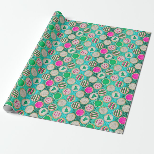 Festive Sugar Cookies on Bright Teal Wrapping Paper (Unrolled)