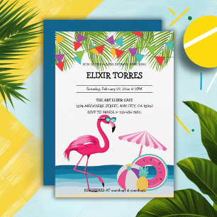Festive Summer Beach Pink Flamingo Baby Shower Invitation