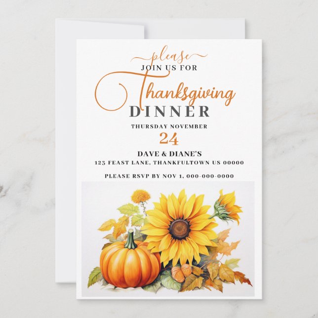 Festive Sunflower & Pumpkin Thanksgiving Dinner Invitation (Front)