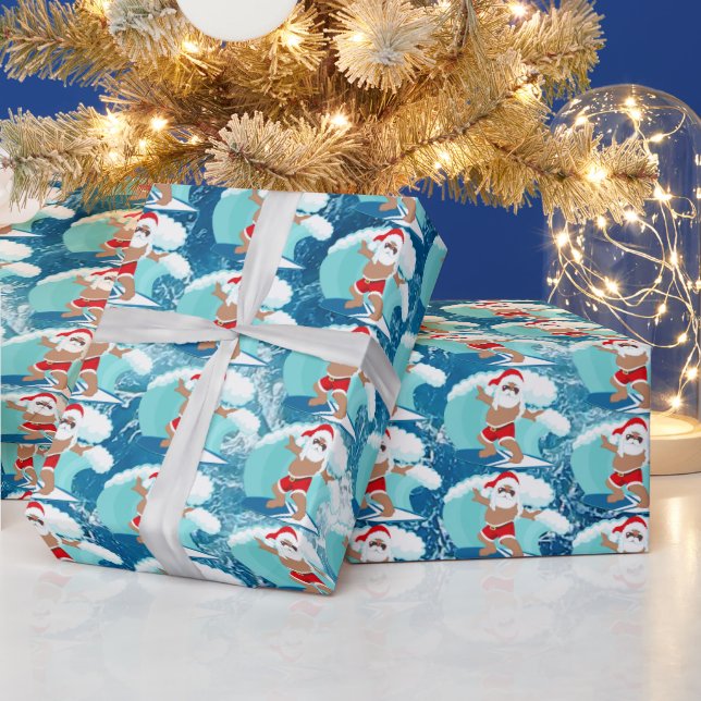 festive surfing Santa beach African American Wrapping Paper (Holidays)