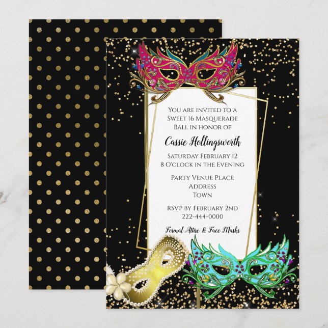 Festive Sweet 16 Masquerade Ball Invitation (Front/Back)