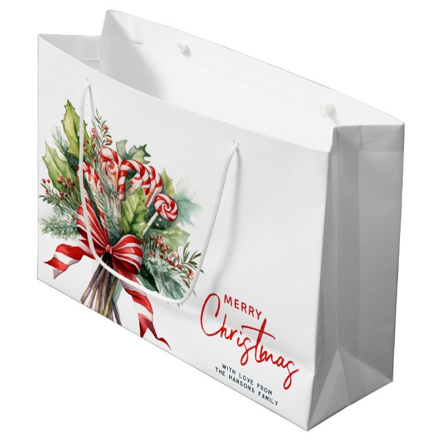 Festive Sweet Cany Canes Merry Christmas Custom Large Gift Bag (Front Angled)