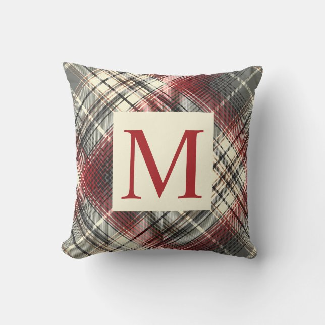 Festive Tartan Grey Red Monogram initial Cushion (Front)