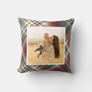 Festive Tartan Grey Red Photo Cushion