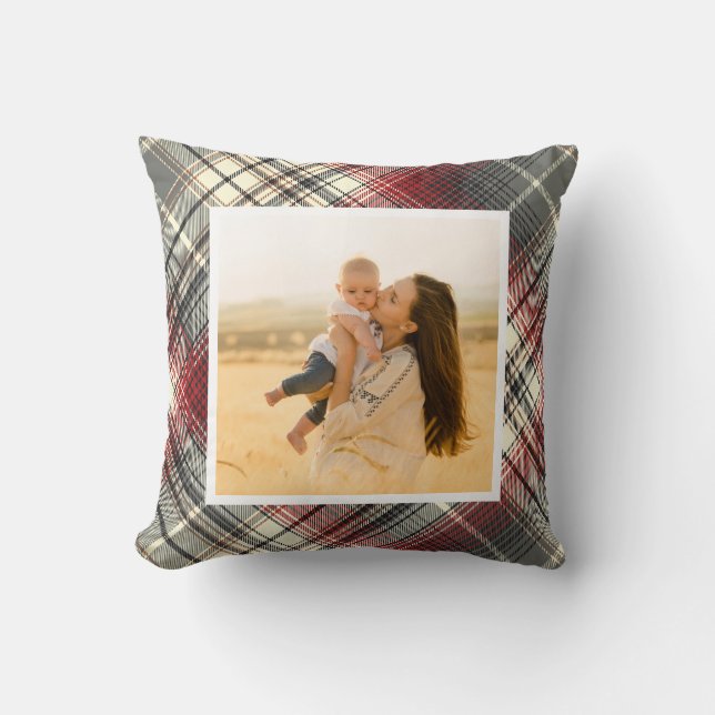 Festive Tartan Grey Red Photo Cushion (Front)