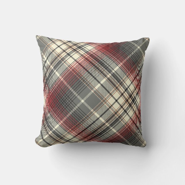 Festive Tartan Grey Red plaid pattern Cushion (Front)