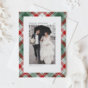 Festive Tartan Pattern Married Christmas Photo Holiday Card