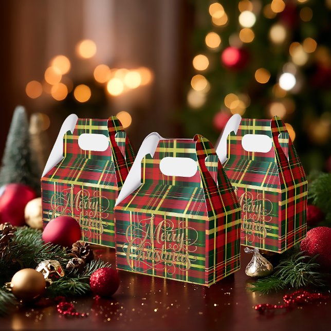 Festive Tartan Red and Green 'Merry Christmas' Favour Box (Elegant Classic Tartan Christmas Red and Green Favor Boxes )