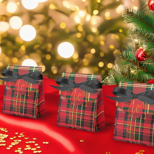 Festive Tartan Red & Green Gold 'Joy'  Favour Box (Stylish Christmas Red and Green 'Joy' Tartan Plaid Holiday Gift Favor Boxes )