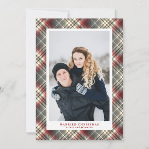 Festive  Tartan red Grey Married Christmas Photo Holiday Card