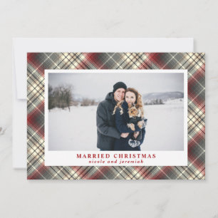 Festive Tartan red Grey Married Christmas Photo Holiday Card