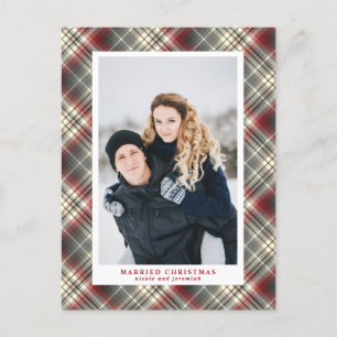 Festive Tartan red Grey Married Christmas Photo Holiday Postcard