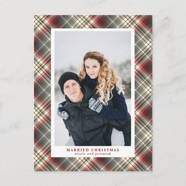 Festive Tartan red Grey Married Christmas Photo Holiday Postcard (Front)