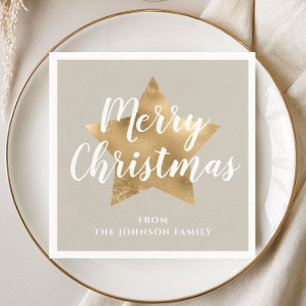 Festive Taupe Gold Star Christmas Napkin